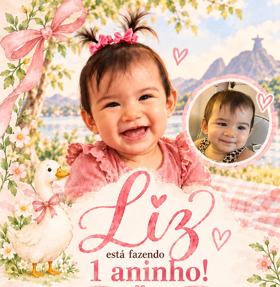 Liz sorrindo, com uma segunda foto dela e um gansinho delicado no tema rosa